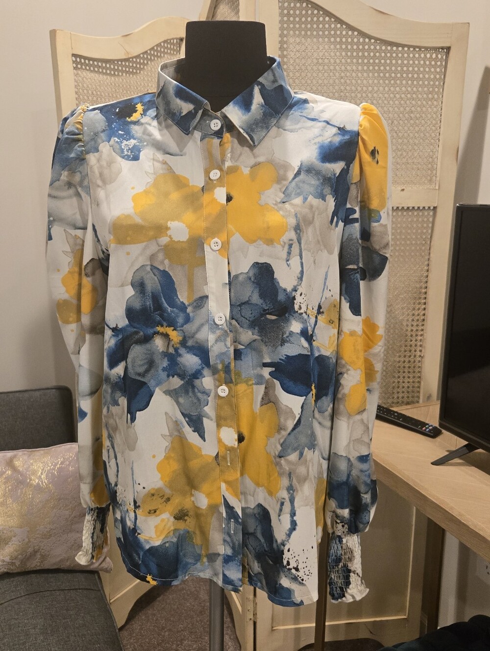 Watercolor Floral Button-Up Blouse in Navy & Mustard